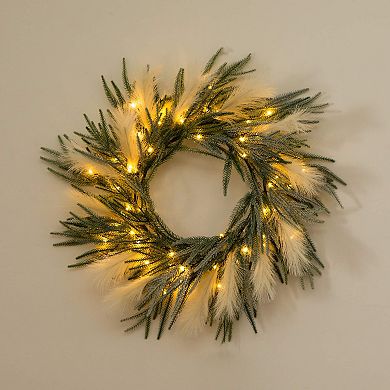nearly natural 24-Inch Artificial Balsam Fir Pine & Pampas Wreath with LED Lights