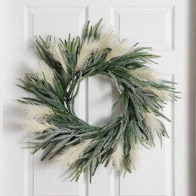 nearly natural 24-Inch Artificial Balsam Fir Pine & Pampas Wreath with LED Lights