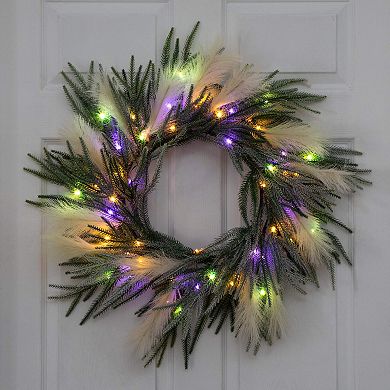 nearly natural 24-Inch Artificial Balsam Fir Pine & Pampas Wreath with LED Lights