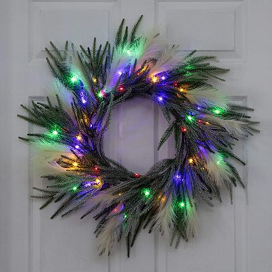 nearly natural 24-Inch Artificial Balsam Fir Pine & Pampas Wreath with LED Lights