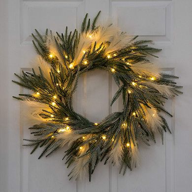 nearly natural 24-Inch Artificial Balsam Fir Pine & Pampas Wreath with LED Lights