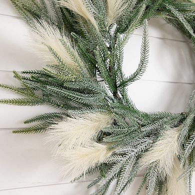 nearly natural 24-Inch Artificial Balsam Fir Pine & Pampas Wreath with LED Lights