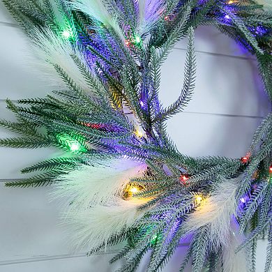 nearly natural 24-Inch Artificial Balsam Fir Pine & Pampas Wreath with LED Lights