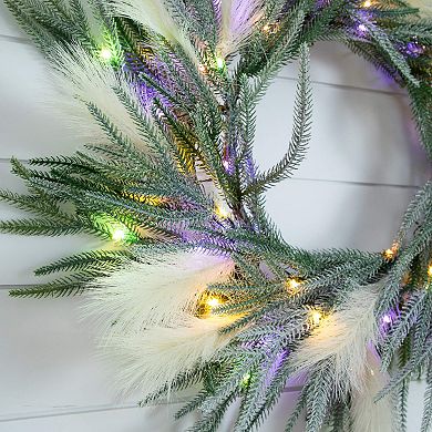 nearly natural 24-Inch Artificial Balsam Fir Pine & Pampas Wreath with LED Lights