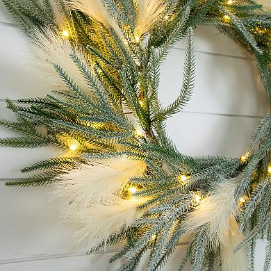 nearly natural 24-Inch Artificial Balsam Fir Pine & Pampas Wreath with LED Lights