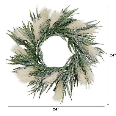 nearly natural 24-Inch Artificial Balsam Fir Pine & Pampas Wreath with LED Lights