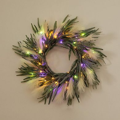 nearly natural 24-Inch Artificial Balsam Fir Pine & Pampas Wreath with LED Lights