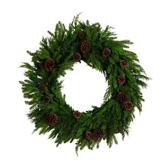 nearly natural 30-Inch Artificial Norfolk Mixed Pine Wreath with Pinecones