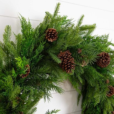 nearly natural 30-Inch Artificial Norfolk Mixed Pine Wreath with Pinecones