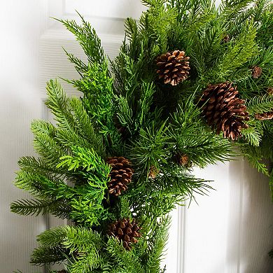 nearly natural 30-Inch Artificial Norfolk Mixed Pine Wreath with Pinecones