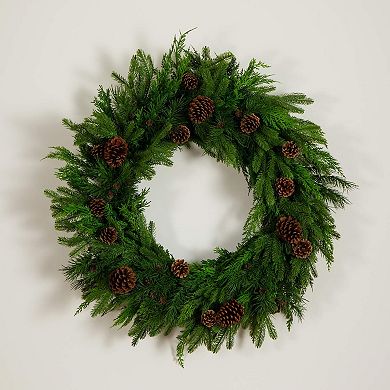 nearly natural 30-Inch Artificial Norfolk Mixed Pine Wreath with Pinecones