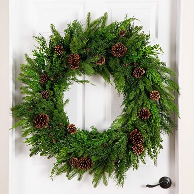 nearly natural 30-Inch Artificial Norfolk Mixed Pine Wreath with Pinecones
