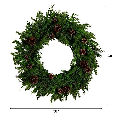 nearly natural 30-Inch Artificial Norfolk Mixed Pine Wreath with Pinecones