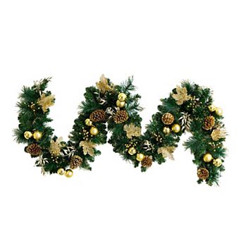 Nearly Natural 9-ft. Pre-Lit Artificial Christmas Garland with Pinecones & Ornaments