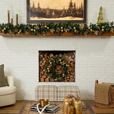 Nearly Natural 9-ft. Pre-Lit Artificial Christmas Garland with Pinecones & Ornaments