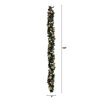 Nearly Natural 9-ft. Pre-Lit Artificial Christmas Garland with Pinecones & Ornaments