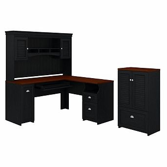 Bush Furniture Fairview 60W L Shaped Desk with Hutch and Storage Cabinet with File Drawer