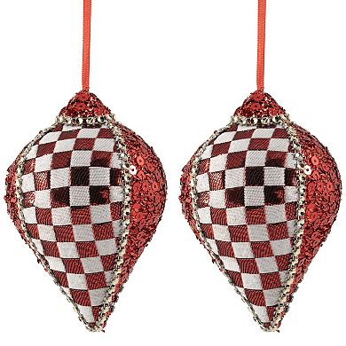 Northlight Sequined & Checkered Teardrop Christmas Ornament Set of 2 - 4.75 Inches