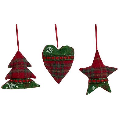 Northlight Plaid Heart Tree & Star Christmas Ornament Set - 5 Inches - 3-pk.