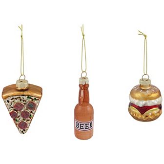 Northlight 3 pc Pizza, Beer Bottle & Cheeseburger Glass Christmas Ornament Set
