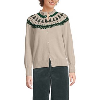 Women's Lands' End Drifter Lurex Ruffle Neck Jacquard Cardigan Sweater