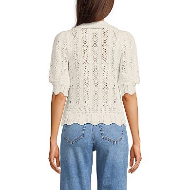 Women's Lands' End Lace Pointelle Puff Sleeve Cardigan Sweater