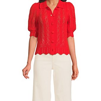 Women's Lands' End Lace Pointelle Puff Sleeve Cardigan Sweater