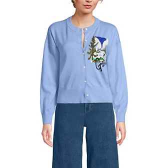 Women's Lands' End Cropped Placed Jacquard Fine Gauge Crew Neck Cardigan Sweater