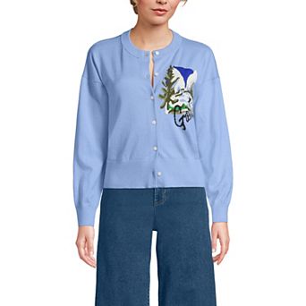 Women's Lands' End Cropped Placed Jacquard Fine Gauge Crew Neck Cardigan Sweater