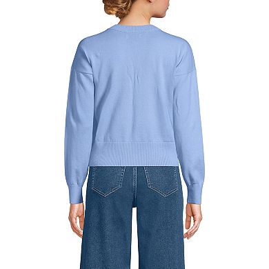 Women's Lands' End Cropped Placed Jacquard Fine Gauge Crew Neck Cardigan Sweater