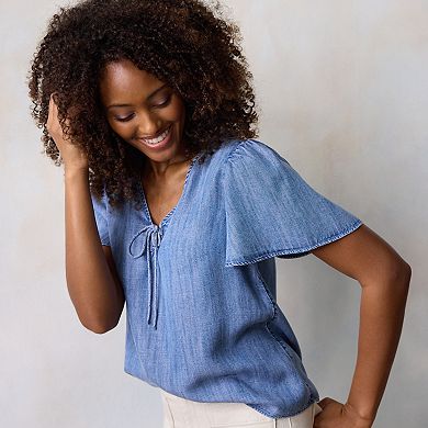 Women's LC Lauren Conrad Tie-Front Keyhole Flutter Sleeve Woven Top