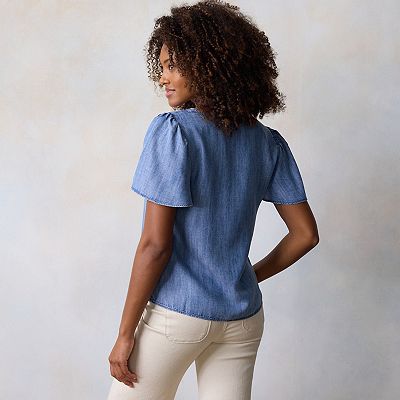 Women's LC Lauren Conrad Tie-Front Keyhole Flutter Sleeve Woven Top