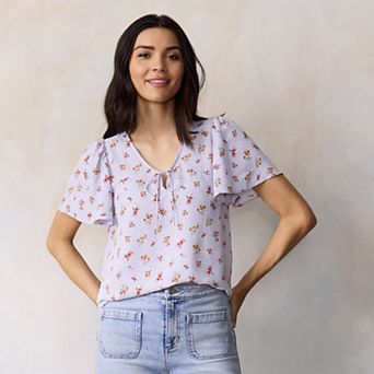 Women's LC Lauren Conrad Tie-Front Keyhole Flutter Sleeve Woven Top