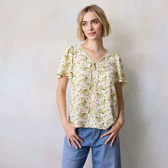 Women's LC Lauren Conrad Tie-Front Keyhole Flutter Sleeve Woven Top