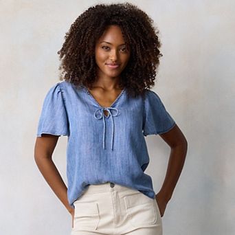 Women's LC Lauren Conrad Tie-Front Keyhole Flutter Sleeve Woven Top