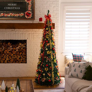 Nearly Natural 7-ft. Pre-Lit Artificial Christmas Tree with Ornaments & Ribbons