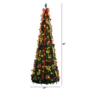Nearly Natural 7-ft. Pre-Lit Artificial Christmas Tree with Ornaments & Ribbons