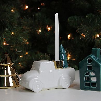 Northlight Ceramic Truck with Christmas Tree Taper Candlestick Holder - 6-inch