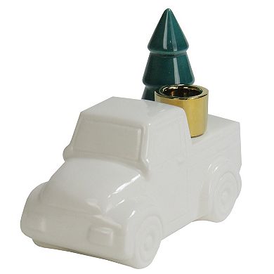 Northlight Ceramic Truck with Christmas Tree Taper Candlestick Holder - 6-inch