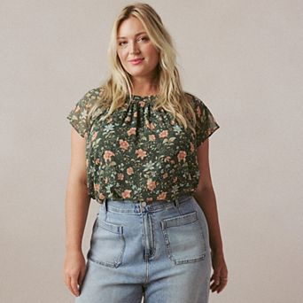 Plus Size LC Lauren Conrad Shirred Neck With Self-Tie Shell