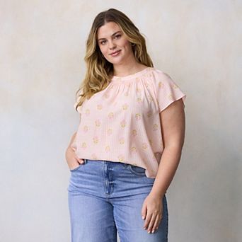 Plus Size LC Lauren Conrad Shirred Neck With Self-Tie Shell
