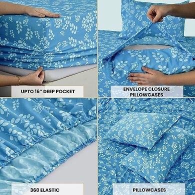 Lux Decor Floral Bed Sheets with Pillowcases Microfiber Deep Pocket Printed Sheet Set