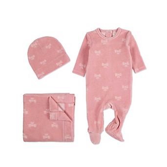 3 pc Baby Girls "Velvet Bow" Cotton Rich Velour Footie Set
