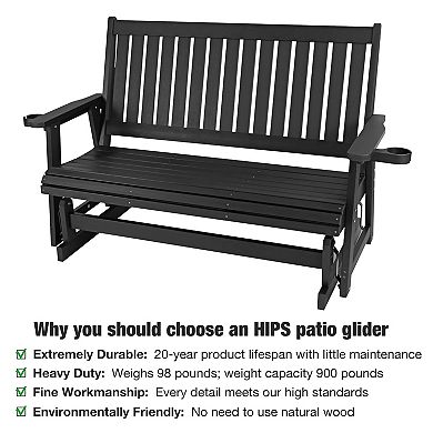 HIPS Patio Glider with Cup Holders, All-Weather Resistant, High Backrest and Deep Contoured Seat