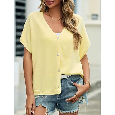 Womens Oversized Cardigans Batwing Short Sleeve Lightweight V Neck Casual Knit Sweater Tops