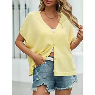 Womens Oversized Cardigans Batwing Short Sleeve Lightweight V Neck Casual Knit Sweater Tops