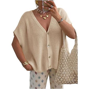 Womens Oversized Cardigans Batwing Short Sleeve Lightweight V Neck Casual Knit Sweater Tops