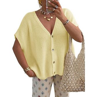 Womens Oversized Cardigans Batwing Short Sleeve Lightweight V Neck Casual Knit Sweater Tops