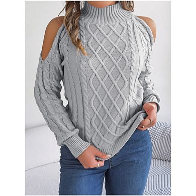 Women Turtleneck Sweaters Stylish Cold Shoulder Pullover Casual Long Sleeve Cable Knitted Tops