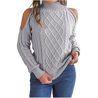 Women Turtleneck Sweaters Stylish Cold Shoulder Pullover Casual Long Sleeve Cable Knitted Tops
